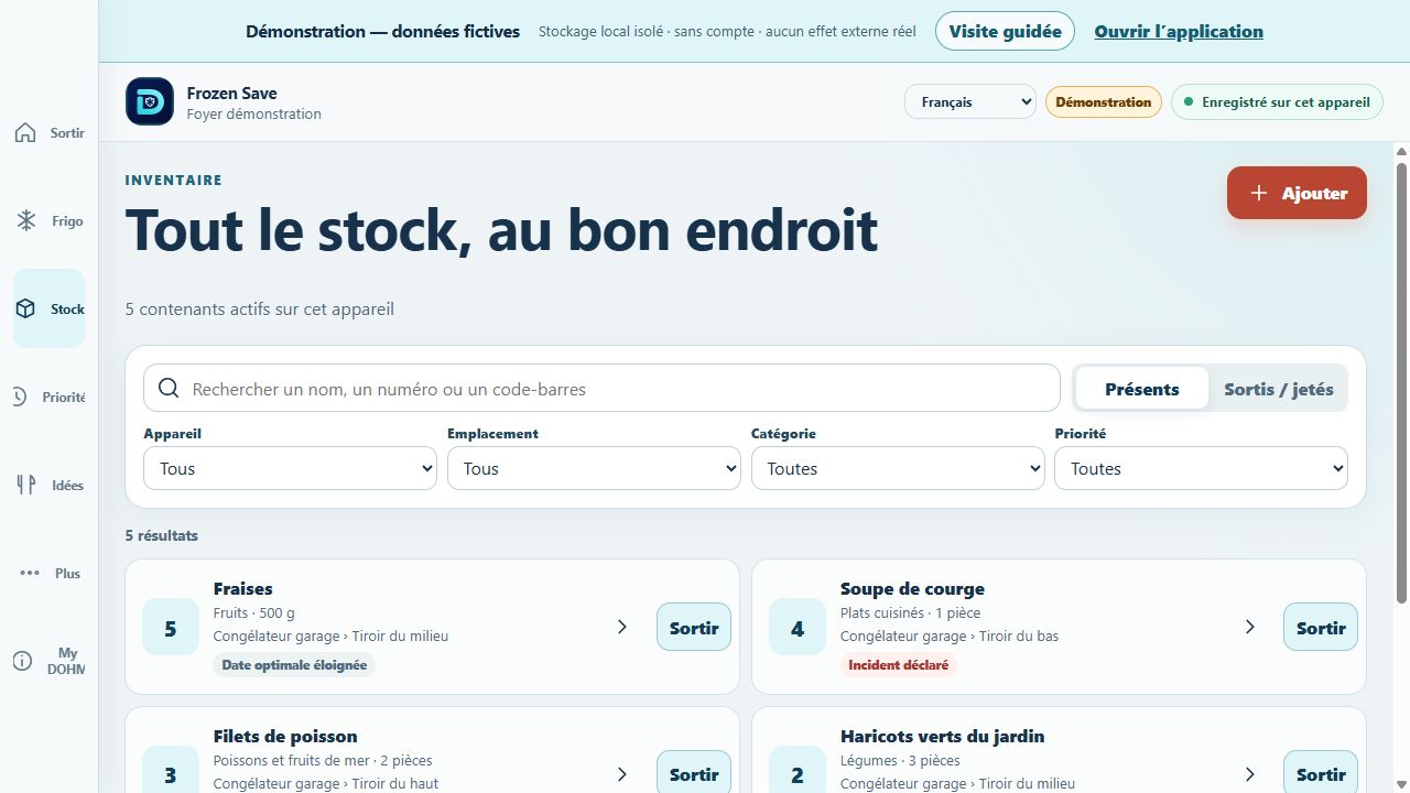 Capture de la démonstration Frozen Save montrant une recherche, des filtres et des aliments fictifs dans le congélateur